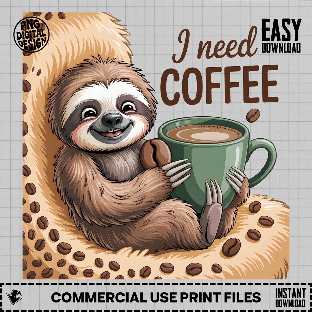 Sloth PNG, I Need Coffee Png, Sloth Clipart, Funny Sloth Png, Coffee ...