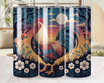 Farmhouse Floral Rooster Tumbler Wrap PNG, 20oz Sublimation Design with Vintage Country Charm and Blue Wildflowers, Barnyard Animal Lover