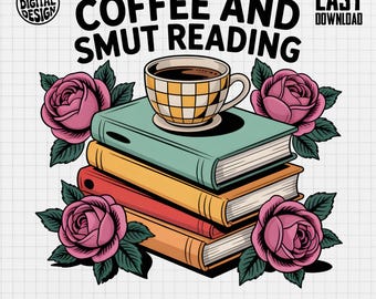 Koffie en roetvlek PNG-sublimatieontwerp, boekenliefhebber grappige romantiek lezen afbeelding, digitale download voor mokken, shirts, leesboeken leuk