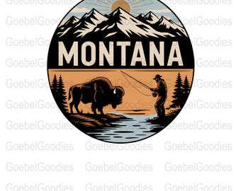 Montana Bison Fly Fishing Scene: Western PNG Sublimation (Digital Download)