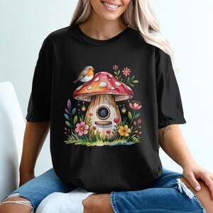 Mushroom Birdhouse T-Shirt, Cottagecore Shirt, Bird Lover Gift, Gardencore Tee, Floral T-Shirt, Nature Shirt, Aesthetic Tee, Unisex Top