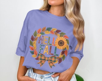 Hello Fall Autumn Wreath Design, Colorful Leaves, Sunflower, and Plaid Bow for Cozy Fall Season and Rustic Harvest Vibes, Holiday Outfit