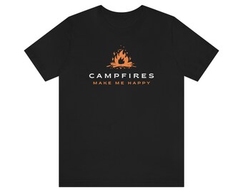 May include: Black t-shirt with an orange campfire graphic and the text "Campfires Make Me Happy".