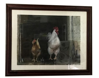 Hen and Rooster, Original Pastel Oil Paintings, Frame