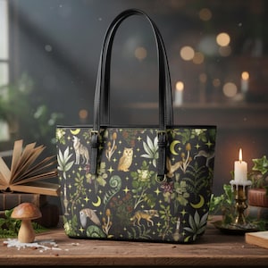 May include: Black tote bag with a nature-themed pattern featuring wolves, owls, and plants. The bag has black handles and gold-colored buckles. The background includes books, candles, and a wooden table.