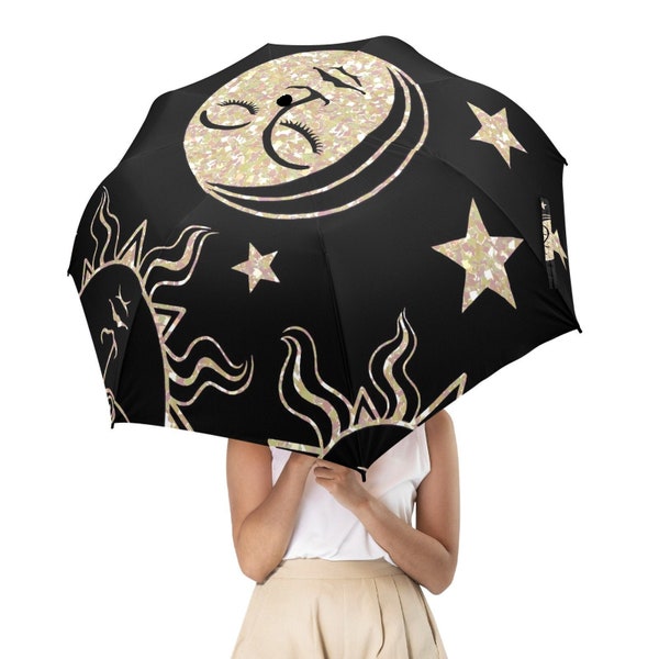 Celestial Umbrella-Sun & Moon Semi Automatic Umbrella-Unique Rain Cover-Custom Gift-Mystical Pattern-Alternative Fashion Accessories