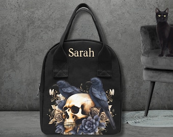Personalized Goth Lunch Bag: Gothic Skulls, Insulated Tote
