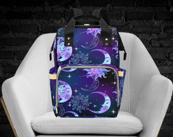 Celestial Diaper Bag-Mystical Nappy Bag-Unique Mommy Bag-Baby Backpack-Moon and Stars Backpack