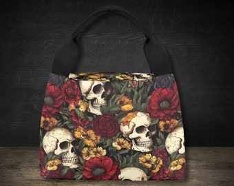 Borsa termica per il pranzo con teschio gotico e rosa - Borsa tote gotica isolata