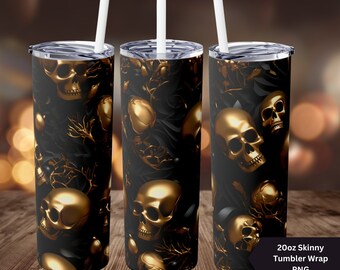 3D Halloween Gold Skull 20oz Tumbler Wrap, Gothic PNG (Digital Download)