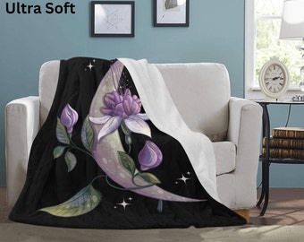 Crescent Moon Ultra Soft Micro Fleece Throw 60x50inch Inch-Gothic Throw Blanket Large-Moon and Purple Flowers - Mystical Couch Décor
