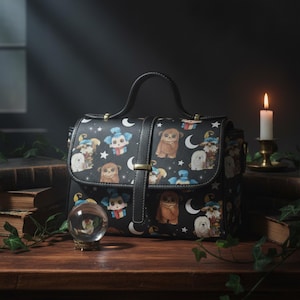 May include: Black satchel bag with a whimsical pattern of cartoon creatures, moons, and stars. The bag features a top handle, a shoulder strap, and a buckle closure. A crystal ball sits on a wooden surface, next to old books and a lit candle.