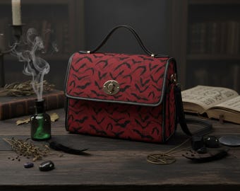 Gothic Purse -Bat Print Satchel-Vegan Leather Gothic Bag-Vampire Crossbody Bag
