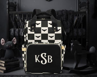 Monogram Diaper Bag -Checker Gothic Bat Nappy Bag-Custom Name Diaper Bags-Preschool Backpack-Custom Diaper Bags