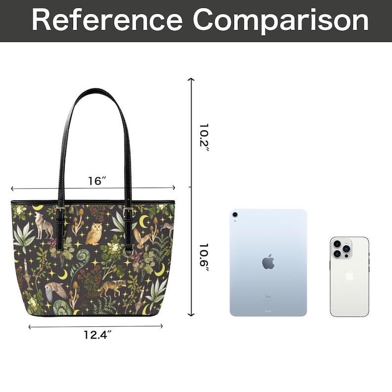May include: Black tote bag with a forest-themed pattern featuring animals and plants. The bag is 16 inches wide, 12.4 inches tall, and has a handle. The bag's height is 10.2 inches. The bag is shown next to a tablet and a phone for size comparison.