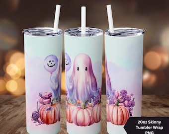 Pastel Halloween Tumbler Wrap-Pastel Ghost Design-20oz Skinny Tumbler Wrap- Pastel Halloween PNG-Cute Ghost