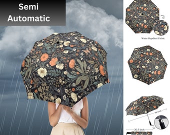 Cottagecore Umbrella-Floral Semi Automatic Umbrella-Mystical Garden Rain Cover-Custom Gift-Alternative Fashion Accessories