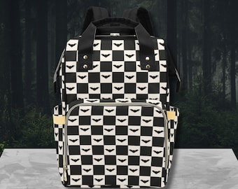 Checker Diaper Bag-Gothic Nappy Bag-Alternative Diaper Bags-Bat Nappy Backpack-Preschool Backpack-Custom Diaper Bags