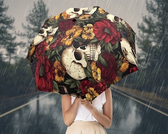 Floral Skull Umbrella-Semi Automatic Umbrella-Gothic Rain Cover-Custom Gift-Alternative Fashion Accessories