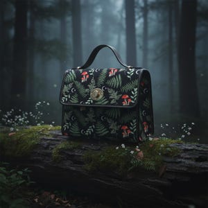 Puede incluir: Un bolso negro con asa superior, con un estampado botánico de helechos, setas y lunas crecientes. El bolso tiene un cierre dorado y está situado sobre un fondo de bosque.