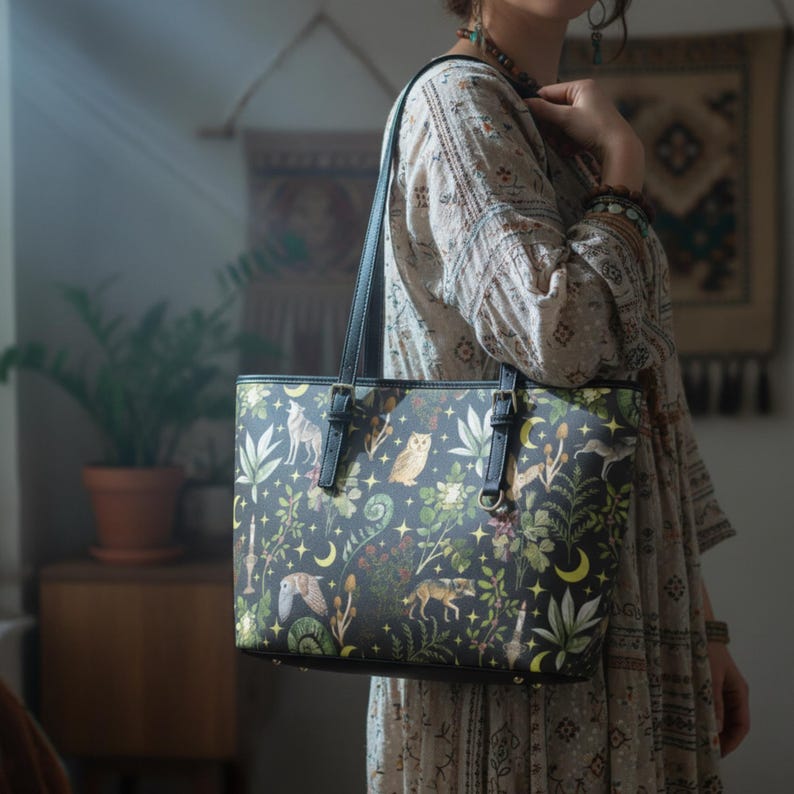 May include: Black tote bag featuring a forest-themed design with wolves, owls, and crescent moons. The bag has black handles and a black border. The forest scene includes green foliage and stars. The bag is carried over the shoulder.