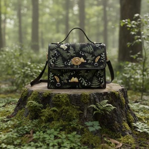 May include: A black satchel bag featuring a fern and feather design, gold-coloured hardware, and a top handle. The bag has a flap closure and a long, adjustable strap. It rests on a moss-covered tree stump in a forest environment.
