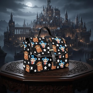 May include: Black satchel bag with a whimsical pattern of cartoon animals and white stars. The bag features a top handle, a shoulder strap, and a buckle closure. The background shows a castle under a full moon.