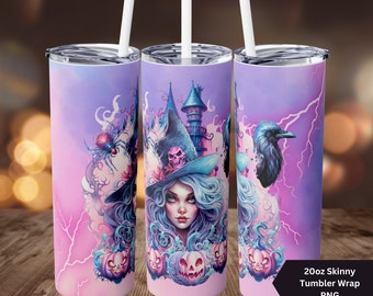 Pastel Halloween Tumbler Wrap-Pastel Witch Design-20oz Skinny Tumbler Wrap- Girly Halloween PNG-Colorido Diseño de vaso de Halloween