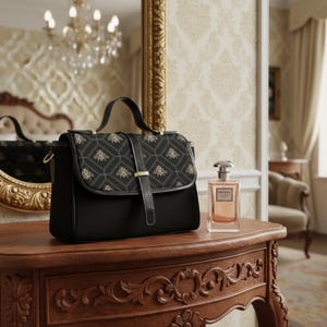 May include: A black handbag with a flap decorated with a geometric bee pattern and gold details. The bag has a top handle and a shoulder strap. A perfume bottle is placed beside the bag on a wooden table.