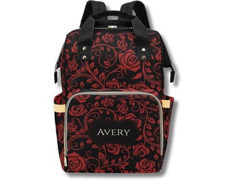 Gothic Floral Diaper Backpack, Custom Name Nappy Bag