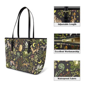 May include: Black tote bag with a forest-themed pattern featuring owls, foxes, mushrooms, and crescent moons. The bag has black handles and adjustable straps. The bag is made of waterproof fabric.