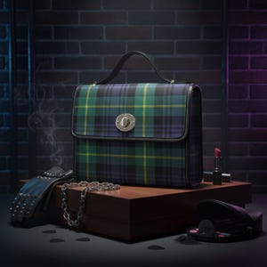 Puede incluir: Un bolso a cuadros en verde, azul y amarillo se encuentra sobre una caja de madera, junto a un guante de cuero negro con tachuelas plateadas y una cadena plateada. También hay un labial rojo y un pequeño neceser de maquillaje.