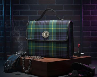 Tartan Purse -Alternative Satchel-Vegan Leather Gothic Punk Bag-Green Tartan Crossbody Bag