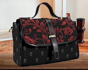 Gothic Black Roses Handbag, Dark Cottagecore Vegan Leather Cross