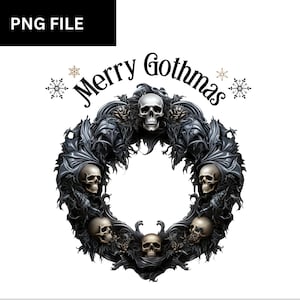 May include: A black and silver wreath with skulls and the text "Merry Gothmas" in black lettering. Two gold snowflakes are on either side of the text.