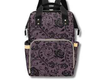 Gothic Diaper Bag-Floral Nappy Bag-Purple Diaper Bags-Nappy Backpack-Preschool Backpack-Custom Diaper Bags