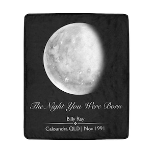 May include: Black and white moon phase print with the text "The Night You Were Born" and the name "Billy Ray" with the date "Caloundra QLD | Nov 1991".