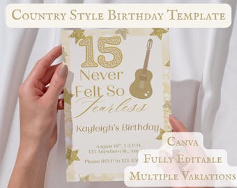 Golden Country Music 15th Birthday Invitation: Acoustic Guitar (Digital Download Canva Template