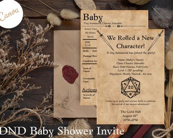 Dungeons and Dragons Baby Shower Invitation: Geeky RPG Character Sheet (Canva Template, Digital Download
