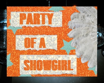 Party of a Showgirl Party Invitation | Star  Orange Glitter, Editable Canva Template