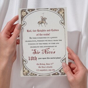 May include: An invitation card with ornate borders and text in a vintage style. The card features a knight on horseback illustration and the text "Hail, fair Knights and Ladies of the realm!" announcing a celebration.