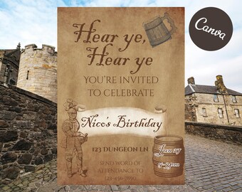 Medieval Birthday Invite | D&D Knightly Party | Canva Template Instant Download
