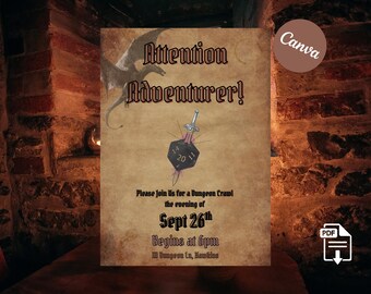 DnD Invitation Flyer | Editable RPG Party Invite (PDF Download, Canva Template)
