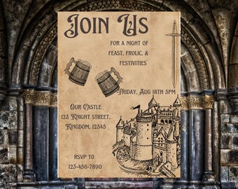 Medieval Party Invitation: Renaissance Fair, DnD, Castle Theme (Canva Downloadable Template)