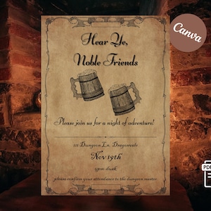 May include: A vintage-style invitation with the text "Hear Ye, Noble Friends" and two mugs of ale. The invitation includes event details: "Please join us for a night of adventure!" and the date, November 19th. The design is on a parchment-like background.