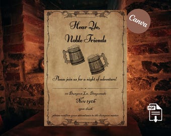 Fantasy Tavern Invitation D&D Party Invite Medieval Beer Mug Digital Download Printable