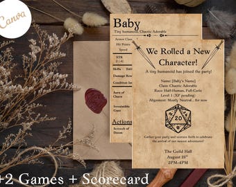 DnD Baby Shower Invitation and Games Bundle | RPG Themed Parchment