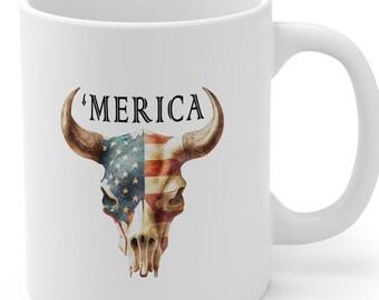 America, patriotic coffee mug, cow skull in USA colors, western coffee mug, Ceramic Mug 11oz, western decor, red white and blue