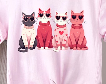 Valentine Cats Tee, Cats in Sunglasses Shirt, Meowy Valentines Day Gift, Gift for Her, Unisex Tshirt, Cat Lover Apparel