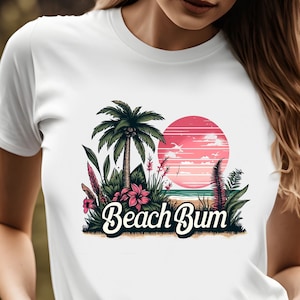 Beach Bum tshirt, vacation shirt, palm tree and sun, beach lover, ocean scene, retro tshirt, 6 colors
